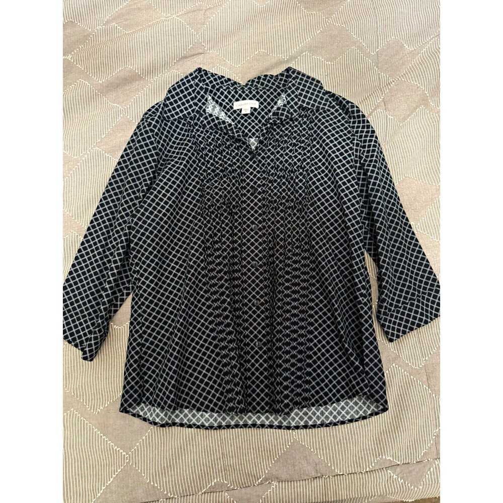 Coldwater Creek Women's XL Black/White Geometric Collared 3/4 Sleeve Button-Up
